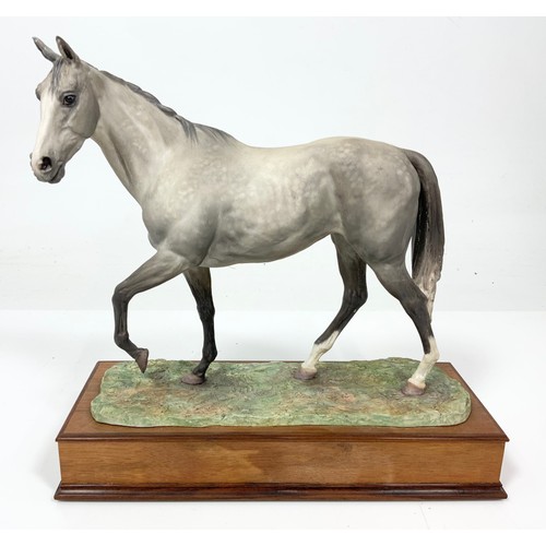 26 - ALBANY FINE CHINA MODEL OF A GREY THOROUGHBRED HORSE ON WOODEN PLINTH TALL