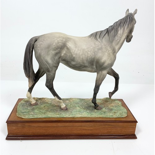 26 - ALBANY FINE CHINA MODEL OF A GREY THOROUGHBRED HORSE ON WOODEN PLINTH TALL