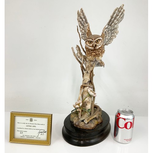 34 - HEREFORD FINE CHINA LARGE LTD ED MODEL OF A  LITTLE OWL ON WOODEN PLINTH WITH  FRAMED COA