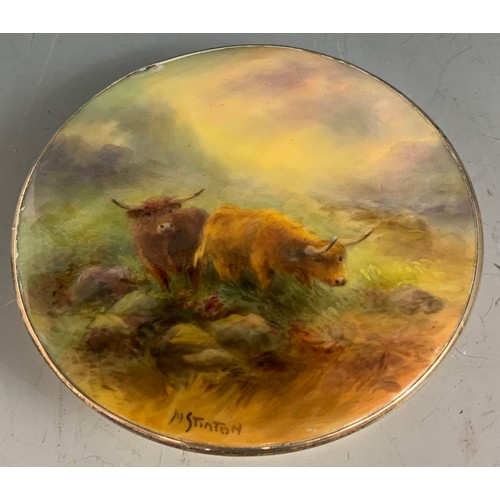 49 - POWDER BOWL WITH SILVER TOP INSERTED WITH A  HAND PAINTED HIGHLAND CATTLE SIGNED H STINTON PORCELAIN... 