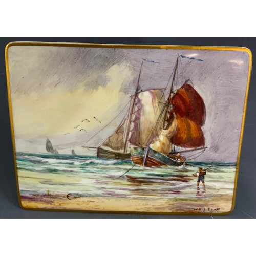 50 - RECTANGULAR PORCELAIN PANEL SAILING SHIPS SIGNED W E J DEAN ( ROYAL CROWN DERBY ARTIST )  15cm x 11c... 