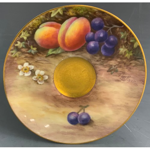 42 - ROYAL WORCESTER SAUCER HAND PAINTED FALLEN FRUIT SIGNED LOCKYEAR PUCE BACKSTAMP  10Ccm DIAMETER