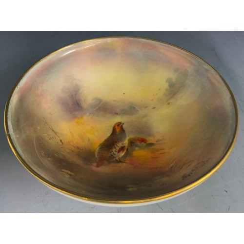 43 - ROYAL  WORCESTER PEDESTAL BOWL HAND PAINTED GROUSE IN NATURAL LANDSCAPE SIGNED JAS STINTON  11cm DIA... 