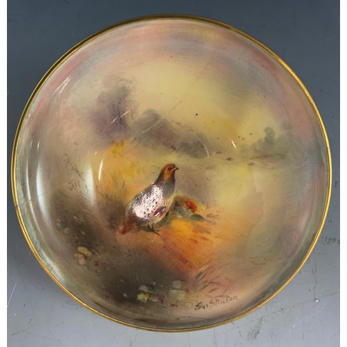 43 - ROYAL  WORCESTER PEDESTAL BOWL HAND PAINTED GROUSE IN NATURAL LANDSCAPE SIGNED JAS STINTON  11cm DIA... 