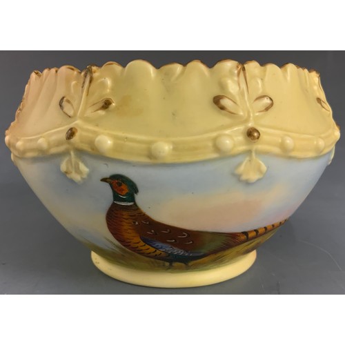 43 - ROYAL  WORCESTER PEDESTAL BOWL HAND PAINTED GROUSE IN NATURAL LANDSCAPE SIGNED JAS STINTON  11cm DIA... 