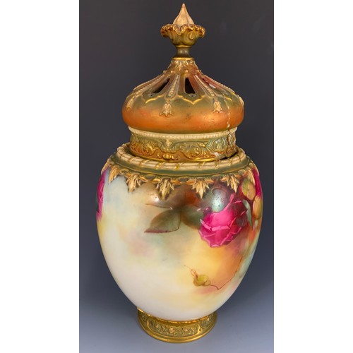 51 - LARGE ROYAL  WORCESTER VASE WITH CROWN COVER HAND PAINTED HADLEY ROSES SIGNED CV WHITE ( CHARLES)  3... 