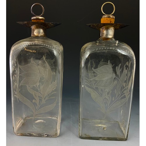 72 - 2 ETCHED DECANTERS WITH SILVER MOUNTS 25cm TALL