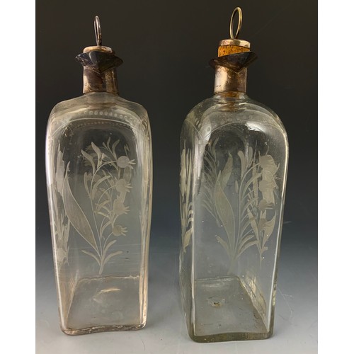 72 - 2 ETCHED DECANTERS WITH SILVER MOUNTS 25cm TALL