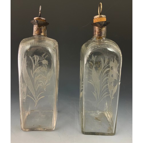 72 - 2 ETCHED DECANTERS WITH SILVER MOUNTS 25cm TALL