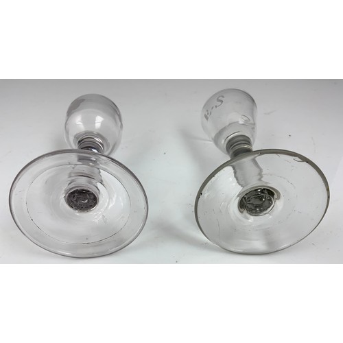 76 - 18TH DRINKING GLASS HAVING AN OGEE BOWL WITH ENGRAVED VINE LEAF DECORATION ON A PLAIN STEM WITH FOLD... 