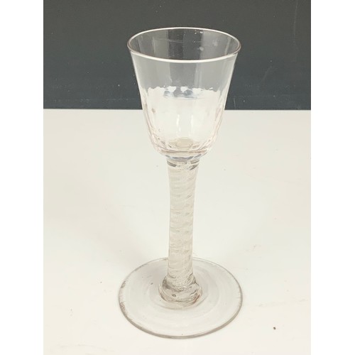 78 - 18TH CENTURY GLASS HAVING A FLUTED OGEE BOWL ON A DOUBLE OPAQUE TWIST STEM WITH CONICAL FOOT, APPROX... 