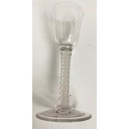 78 - 18TH CENTURY GLASS HAVING A FLUTED OGEE BOWL ON A DOUBLE OPAQUE TWIST STEM WITH CONICAL FOOT, APPROX... 