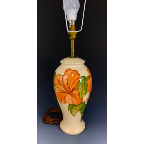 54 - LARGE MOORCROFT POTTERY TABLE LAMP HIBISCUS PATTERN ON CREAM GROUND