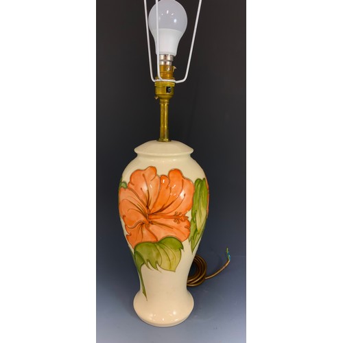 54 - LARGE MOORCROFT POTTERY TABLE LAMP HIBISCUS PATTERN ON CREAM GROUND