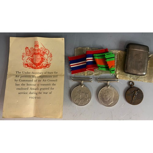 118 - WW2 SET OF MEDALS T/W A SILVER VESTA CASE INSCRIBED 1914