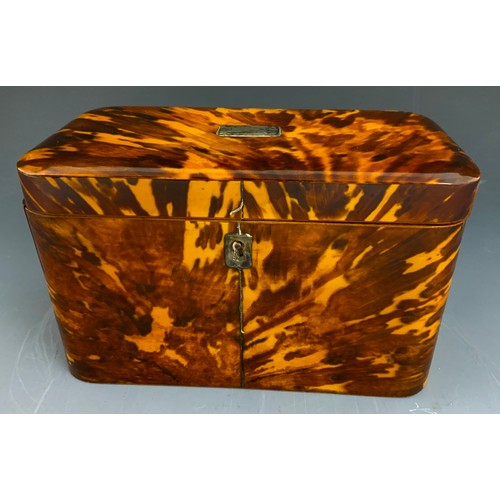 143 - ANTIQUE TORTOISE SHELL WITH WHITE METAL CARTOUCHE & ESCUTCHEON  FITTED TEA CADDY