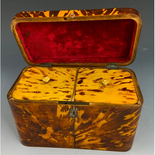 143 - ANTIQUE TORTOISE SHELL WITH WHITE METAL CARTOUCHE & ESCUTCHEON  FITTED TEA CADDY