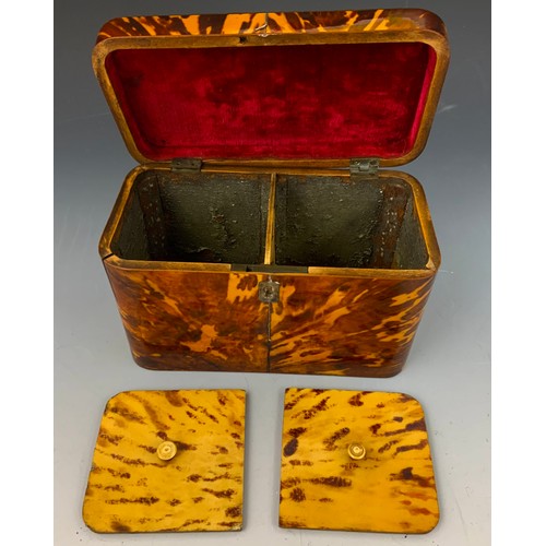 143 - ANTIQUE TORTOISE SHELL WITH WHITE METAL CARTOUCHE & ESCUTCHEON  FITTED TEA CADDY