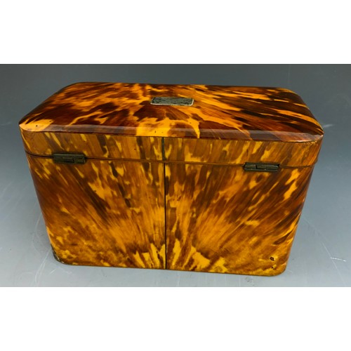 143 - ANTIQUE TORTOISE SHELL WITH WHITE METAL CARTOUCHE & ESCUTCHEON  FITTED TEA CADDY