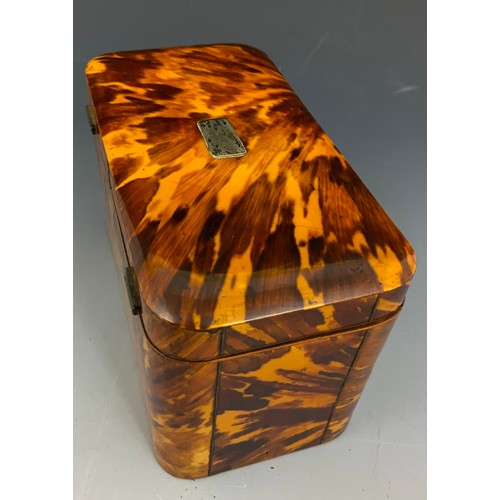 143 - ANTIQUE TORTOISE SHELL WITH WHITE METAL CARTOUCHE & ESCUTCHEON  FITTED TEA CADDY