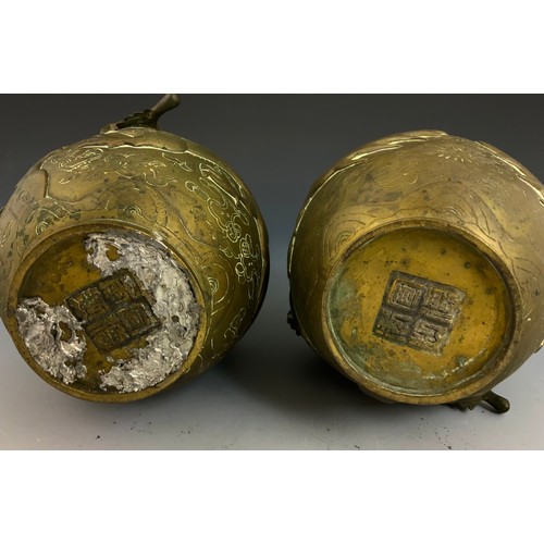 163 - PAIR  OF BRASS  ORIENTAL VASES WITH EMBOSSED DRAGON DECORATION  WITH 4 CHARACTER MARKS  26cm TALL