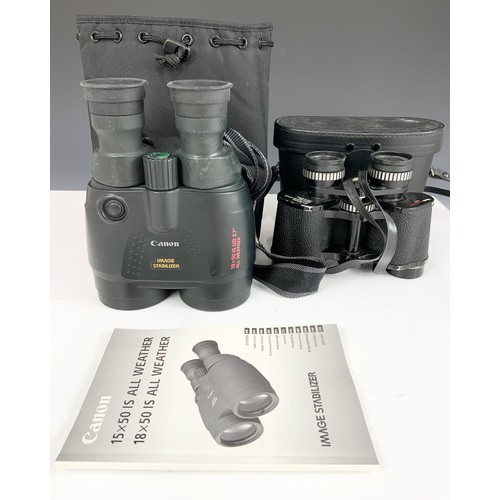 126 - PR. CANON IMAGE STABALIZER 18 X 50 IS ALL WEATHER RUBBER CASED BINOCULARS WITH CASE AND INSTRUCTIONS... 