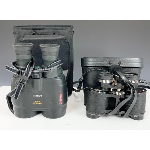 126 - PR. CANON IMAGE STABALIZER 18 X 50 IS ALL WEATHER RUBBER CASED BINOCULARS WITH CASE AND INSTRUCTIONS... 