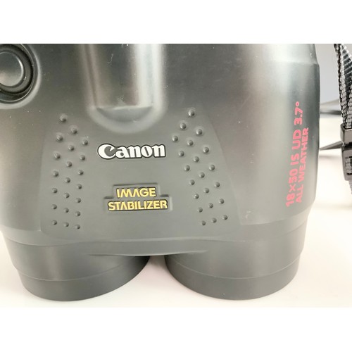 126 - PR. CANON IMAGE STABALIZER 18 X 50 IS ALL WEATHER RUBBER CASED BINOCULARS WITH CASE AND INSTRUCTIONS... 