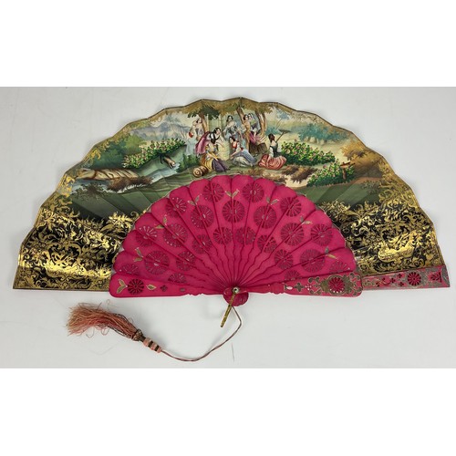 154 - BEAUTIFUL HAND PAINTED FAN WITH RED TINTED PIERCED STICKS, HAND PAINTED SCENES FRONT AND REAR IN A B... 