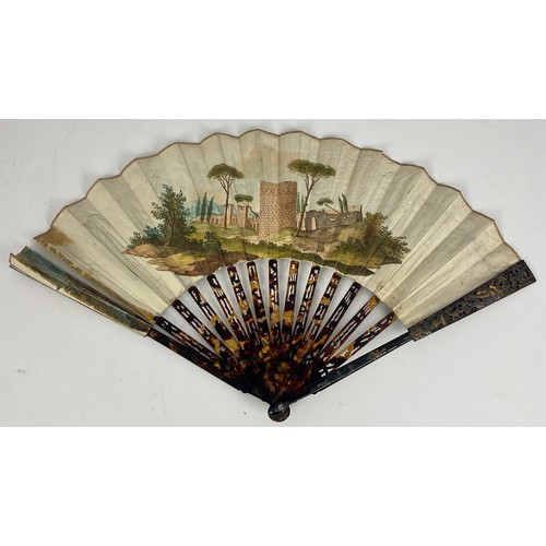 149 - HAND PAINTED PAPER FAN WITH PIERCED TORTOISESHELL STICKS AF