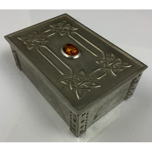 158 - LIBERTY AND CO LINED PEWTER BOX WITH CABOCHON, LENGTH 10.5cm, HEIGHT 4cm