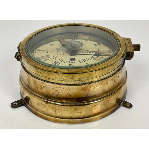 124 - RARE GERMAN IMPERIAL NAVY BRASS CASED SHIP’S BULKHEAD CLOCK, BRASS DIAL WITH CROWN OVER M FOR GERMAN... 