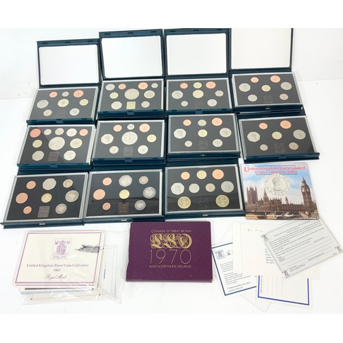 215 - COIN INTEREST :  GB PROOF YEAR SETS, 11 Y/S 1983-1999 STANDARD CASES, , 1X 1970 Y/S PLUS 2 REPRO 195... 