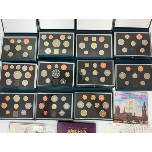 215 - COIN INTEREST :  GB PROOF YEAR SETS, 11 Y/S 1983-1999 STANDARD CASES, , 1X 1970 Y/S PLUS 2 REPRO 195... 