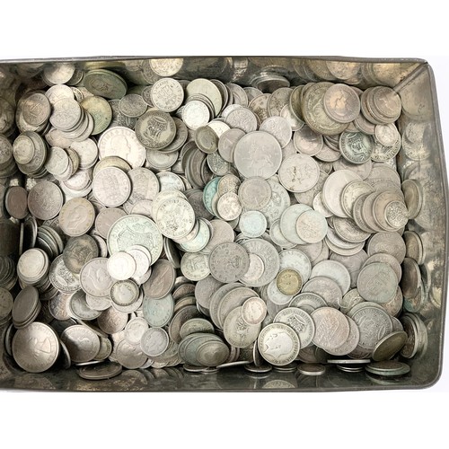 192 - TIN OF MIXED UK SILVER COINAGE INC CROWNS , HALF CROWNS,  THREE PENCE