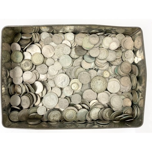 192 - TIN OF MIXED UK SILVER COINAGE INC CROWNS , HALF CROWNS,  THREE PENCE