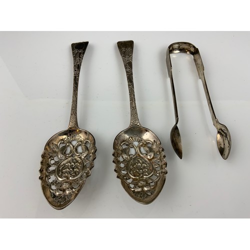 273 - SILVER DISH WITH EMBOSSED DECORATION, 3 SILVER TEASPOONS , SILVER SUGAR TONGS, 2 PIERCED SILVER BERR... 