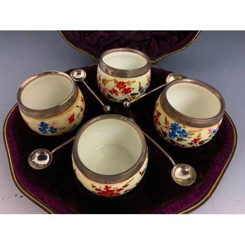 274 - CASED SET OF WEDGWOOD PORCELAIN  SALTS WITH SILVER MOUNTS & SPOONS