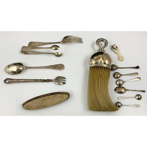 270 - MISCELLANEOUS SILVER ITEMS INCLUDING SPOONS, CRUMB BRUSH ETC.