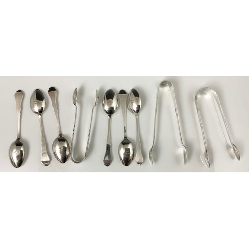 271 - CASED HALLMARKED SILVER TEA SPOONS & TONGS WITH 2 OTHER SILVER SUGAR TONGS