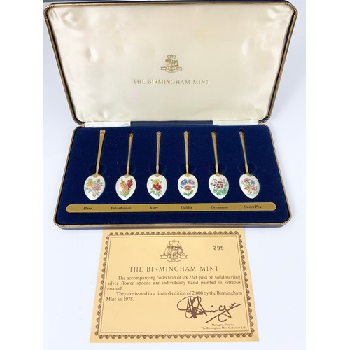 279 - CASED SET OF BIRMINGHAM MINT SILVER GILT SPOONS WITH HAND PAINTED FLORAL ENAMEL