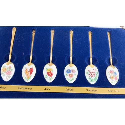 279 - CASED SET OF BIRMINGHAM MINT SILVER GILT SPOONS WITH HAND PAINTED FLORAL ENAMEL