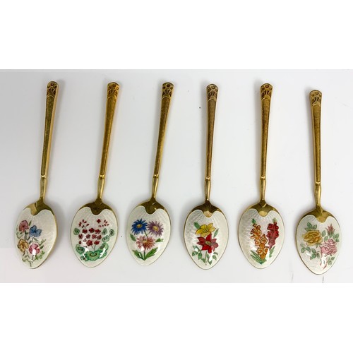 279 - CASED SET OF BIRMINGHAM MINT SILVER GILT SPOONS WITH HAND PAINTED FLORAL ENAMEL