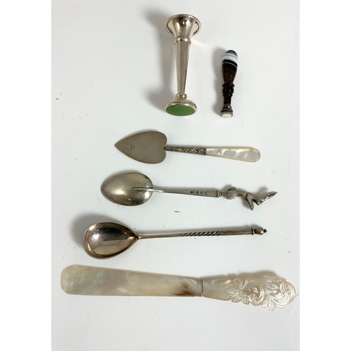 251 - SILVER SPOON WITH HARE FINIAL , DESK SEEAL, MOP PAPER KNIFE, NIELLO SPOON ETC