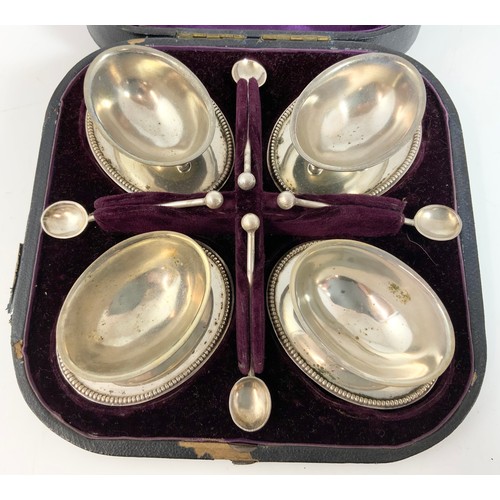 248 - CASED GOOD QUALITY 4 SILVER PLATED SALTS WITH SPOONS STAMPED HB WITH A CASED SET OF GOOD QUALITY APO... 