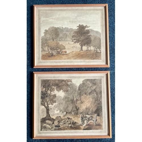 15 - PR. PEN AND WATERCOLOUR WASH PICTURES, APPROX. 35 X 28 cm EACH DEPICTING A PARKLAND SCENE, POSSIBLY ... 