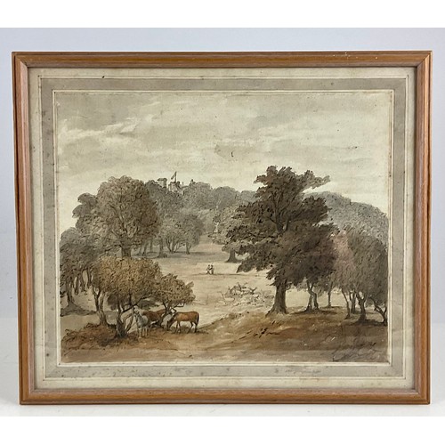 15 - PR. PEN AND WATERCOLOUR WASH PICTURES, APPROX. 35 X 28 cm EACH DEPICTING A PARKLAND SCENE, POSSIBLY ... 