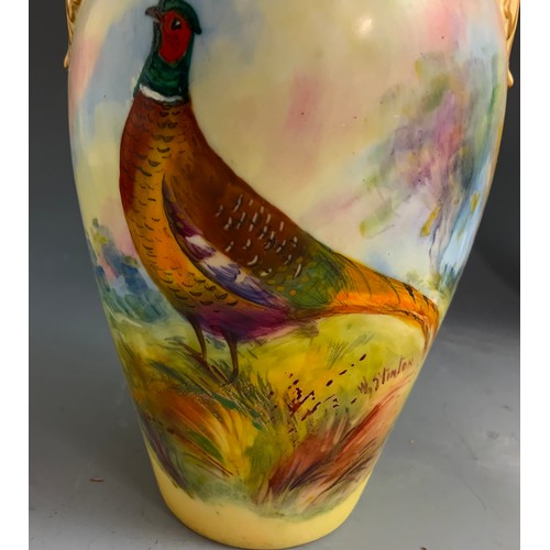 38 - PR. WORCESTER LOCKE & CO 2 HANDLED VASES, HAND PAINTED PHEASANTS IN NATURAL LANDSCAPE SIGNED STINTON... 