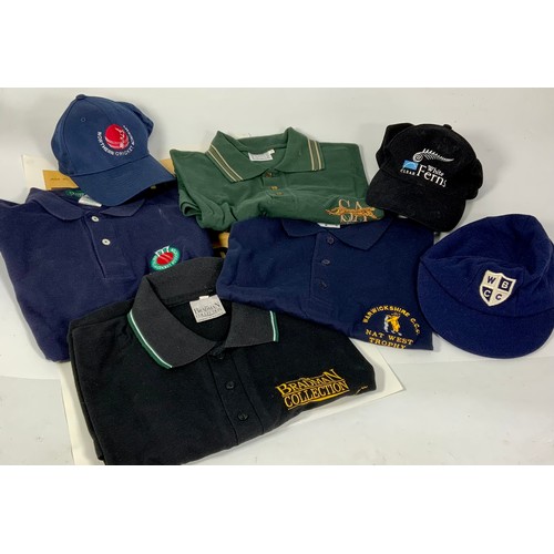 202 - CRICKET CLOTHING, THREE CAPS CLEAR WHITE FERNS, NORTHERN CRICKET ACADAMY & WBCC, & 4 POLO SHIRTS WAR... 