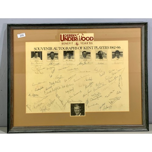 205 - FRAMED DEREK UNDERWOOD BENEFIT YEAR 1986 SOUVENIR AUTOGRAPHS OF KENT PLAYERS 1962-86, PLUS A FRAMED ... 